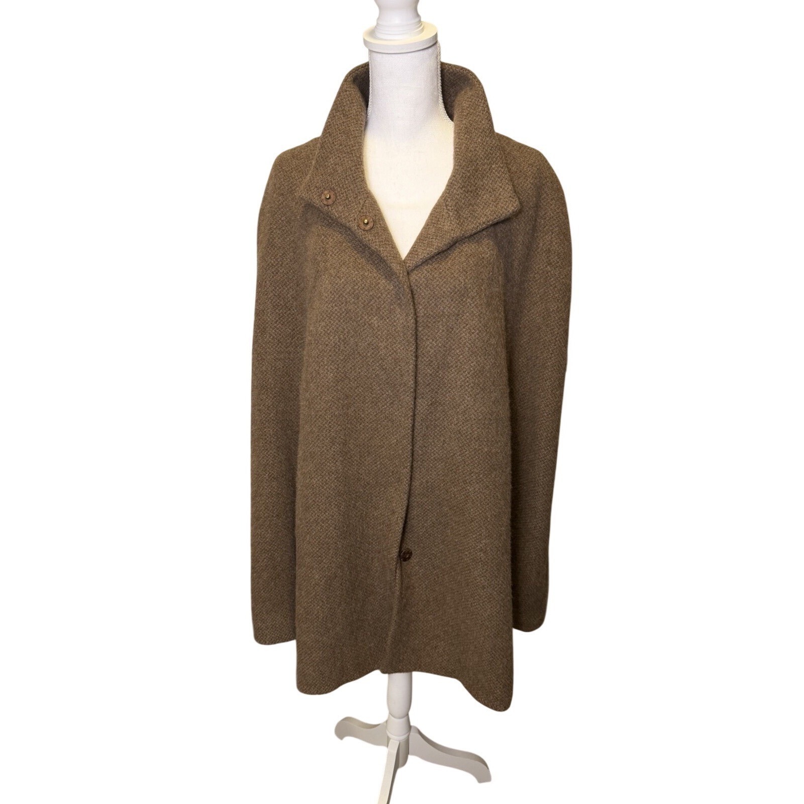 Eileen Fisher 100% Baby Alpaca Wool Stand Collar Cape Coat Sz L Brown Euc Luxury